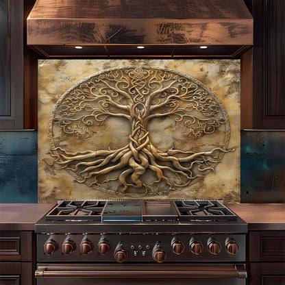 Stainless steel stove with decorative backsplash featuring a tree design in a kitchen setting.