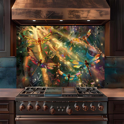 Stainless steel stove with a colorful dragonfly design backsplash in a kitchen setting.