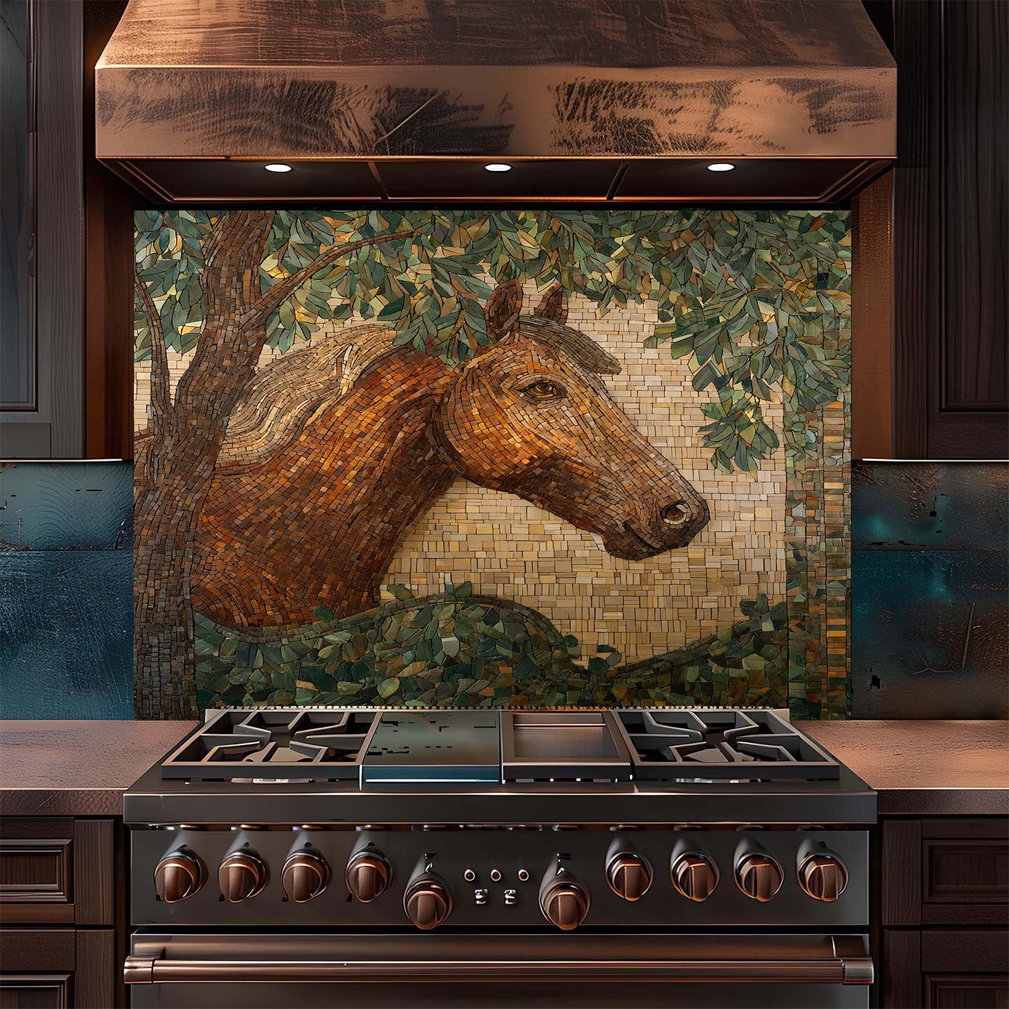 Elegant horse portrait in mosaic woodland style on tempered glass backsplash, bringing warmth, calm, and nature-inspired beauty to kitchens.