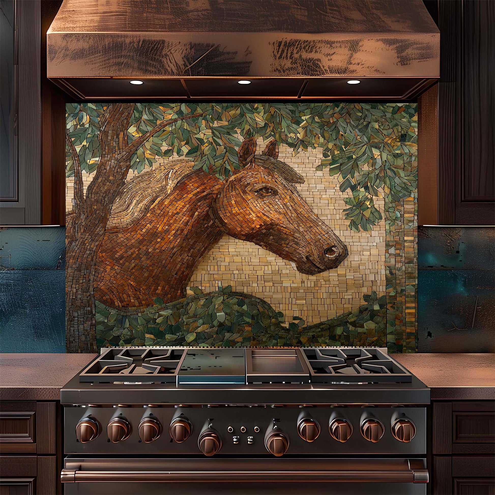 Elegant horse portrait in mosaic woodland style on tempered glass backsplash, bringing warmth, calm, and nature-inspired beauty to kitchens.