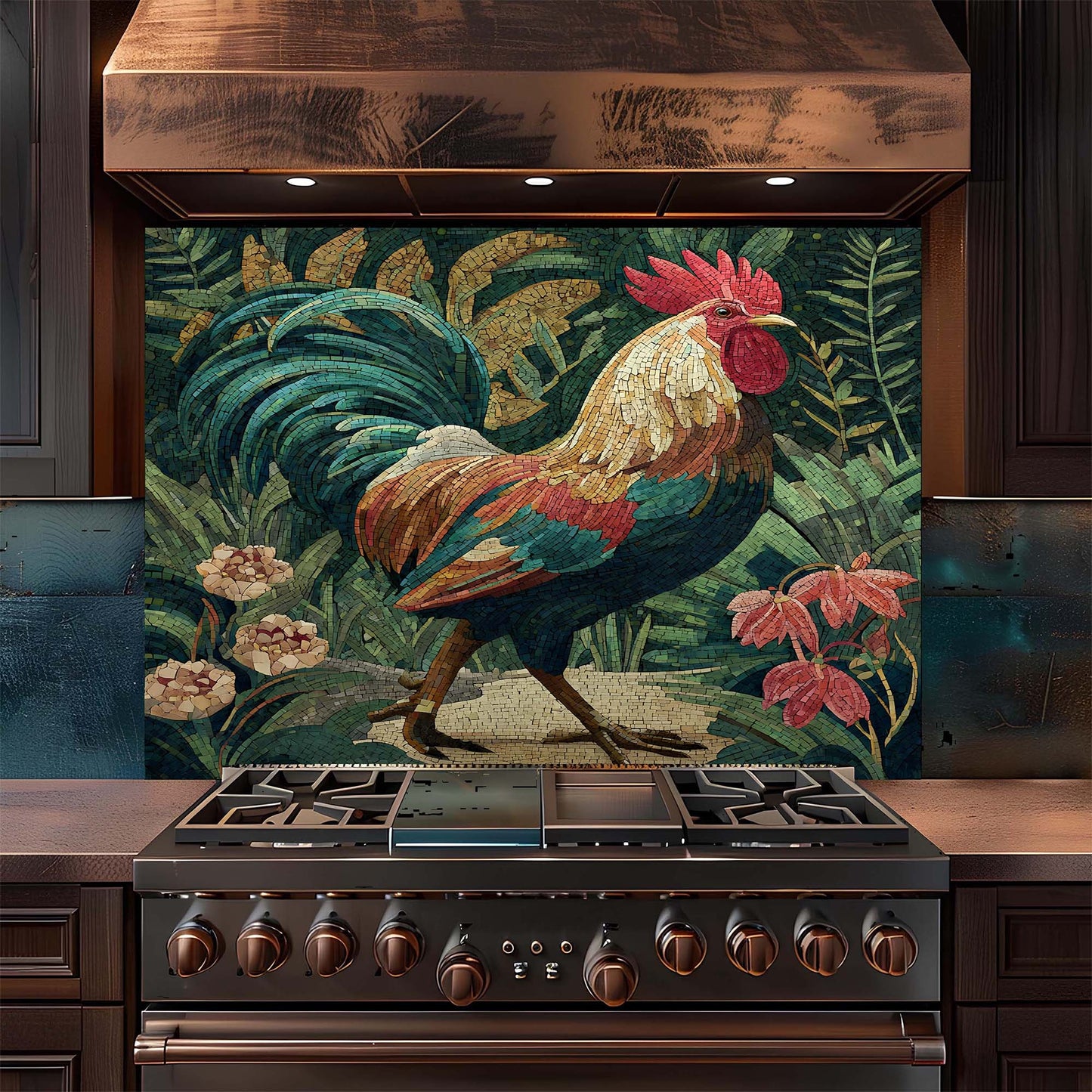 Stainless steel stove with decorative rooster backsplash in a kitchen setting
