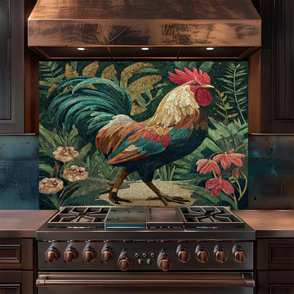 Stainless steel stove with decorative rooster backsplash in a kitchen setting