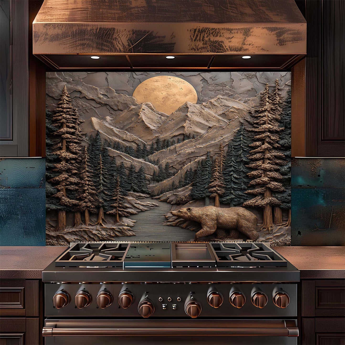 Stainless steel stove with mountain and bear design backsplash in a kitchen setting