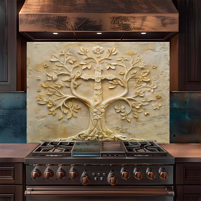 Stainless steel stove with decorative backsplash featuring a tree design in a kitchen setting