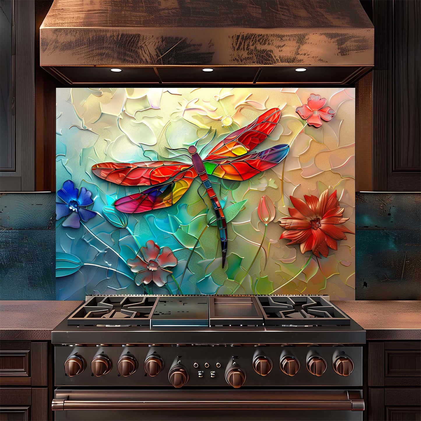 Stainless steel stove with colorful dragonfly and floral design on the backsplash