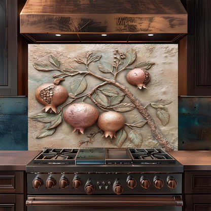 Stainless steel stove with decorative backsplash featuring pomegranate design in a kitchen setting.