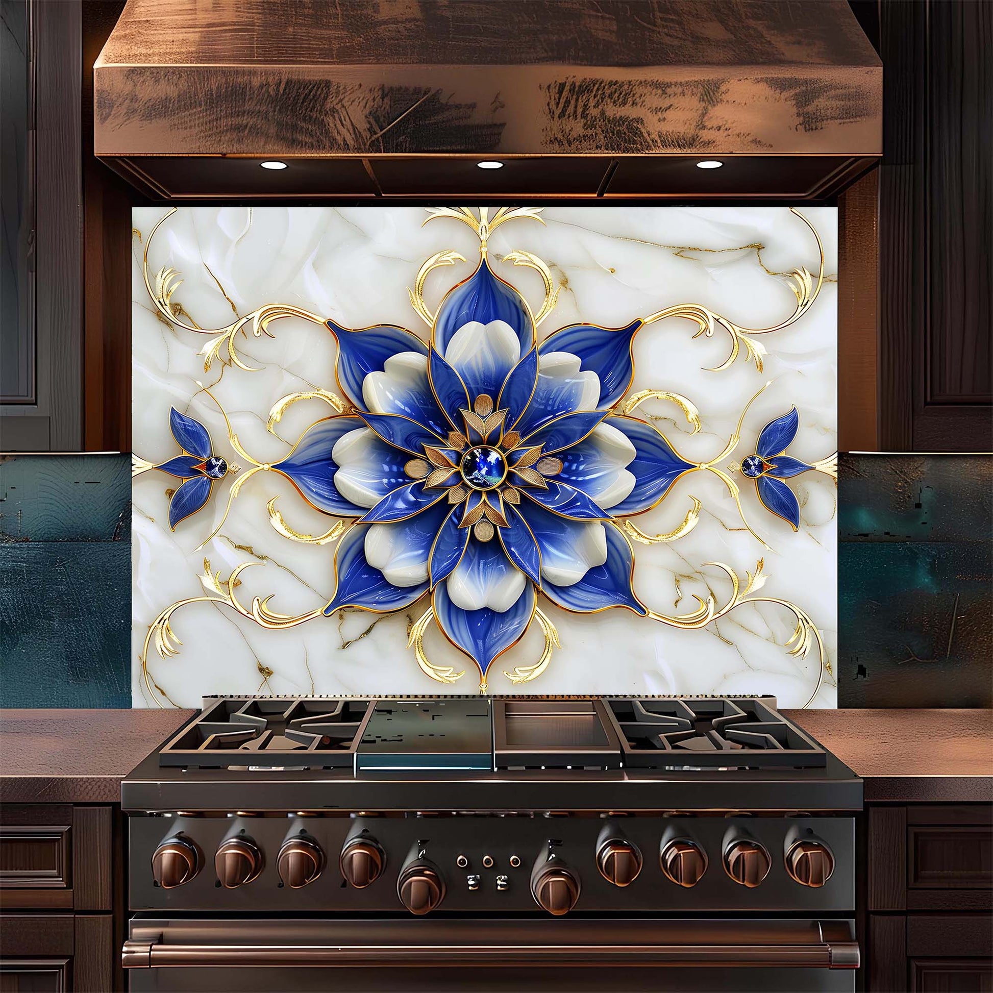 Decorative backsplash with blue floral design above a stove in a kitchen.
