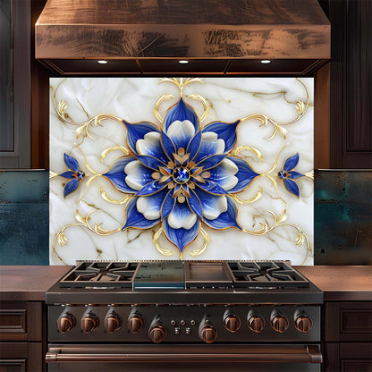 Decorative backsplash with blue floral design above a stove in a kitchen.