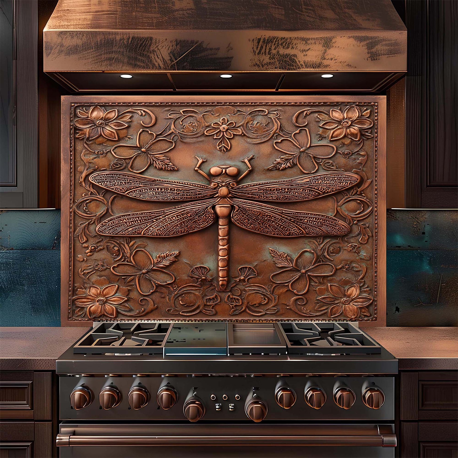 Decorative copper look glass backsplash with floral and dragonfly design above a stove.