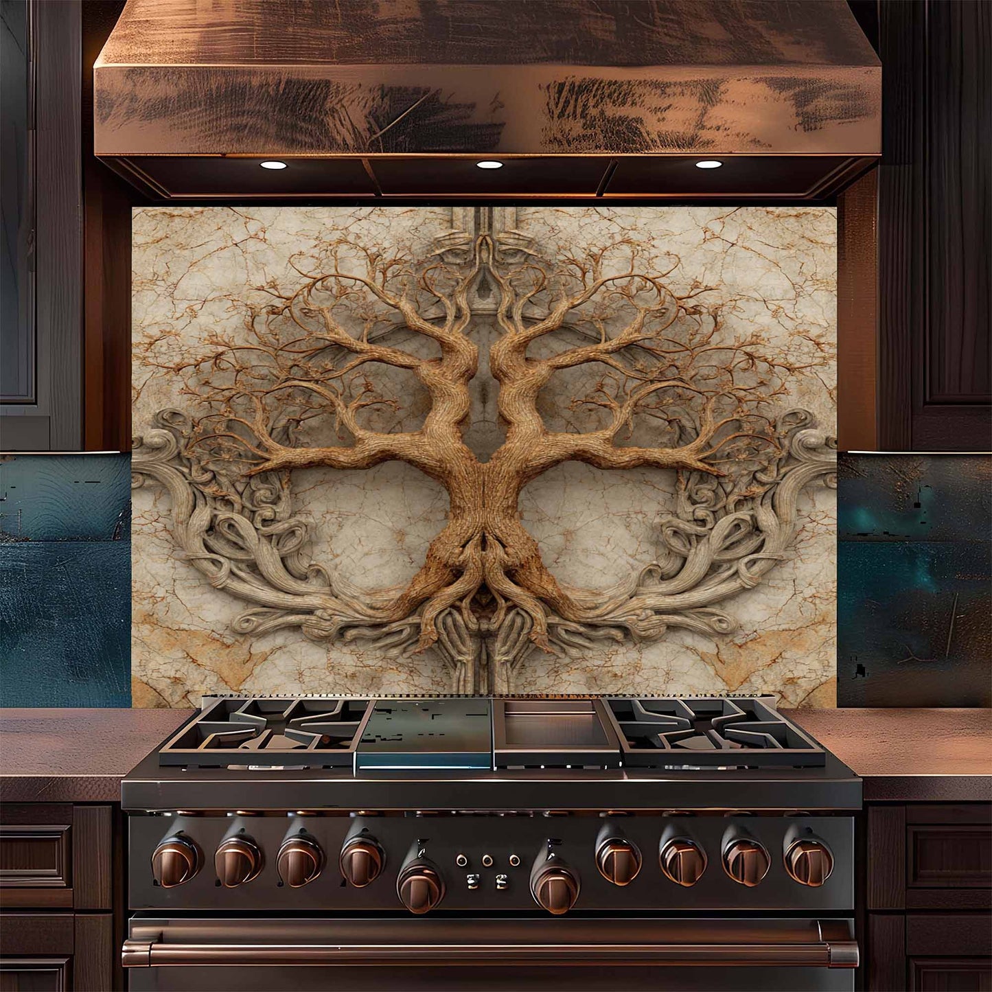 Stainless steel stove with decorative backsplash featuring a tree design.