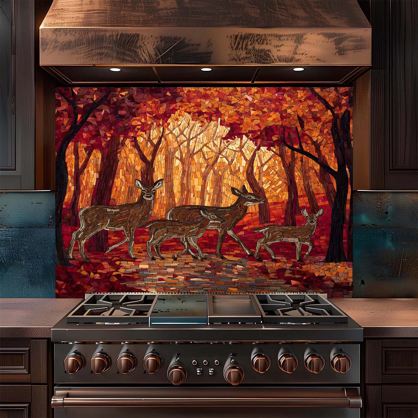Stainless steel stove with deer backsplash on the wall behind it