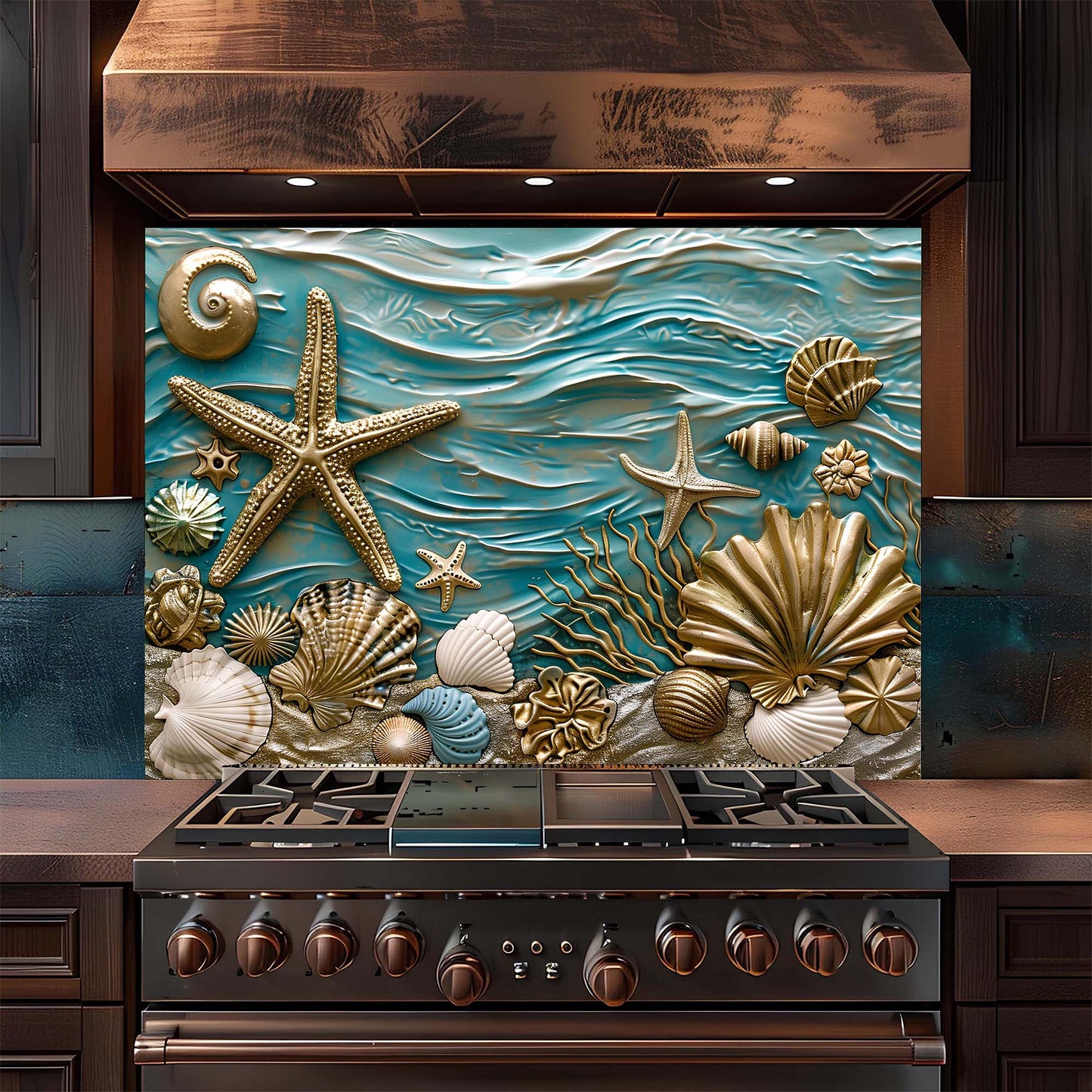 Stove with decorative backsplash featuring starfish, shells, and ocean waves.
