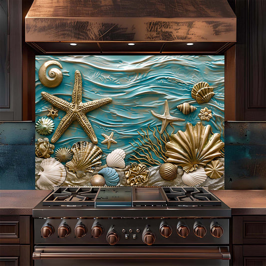 Stove with decorative backsplash featuring starfish, shells, and ocean waves.