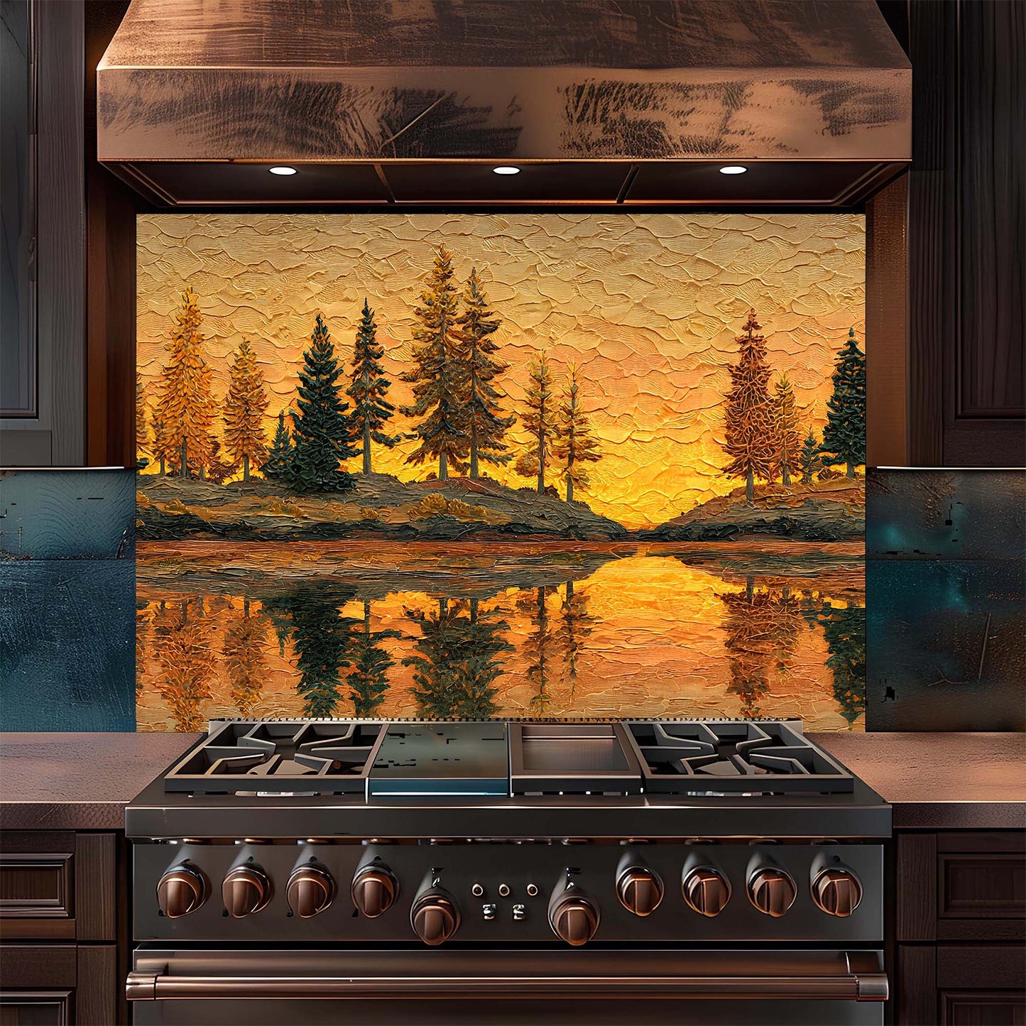 Stainless steel stove with decorative glass panel featuring a sunset over water and trees