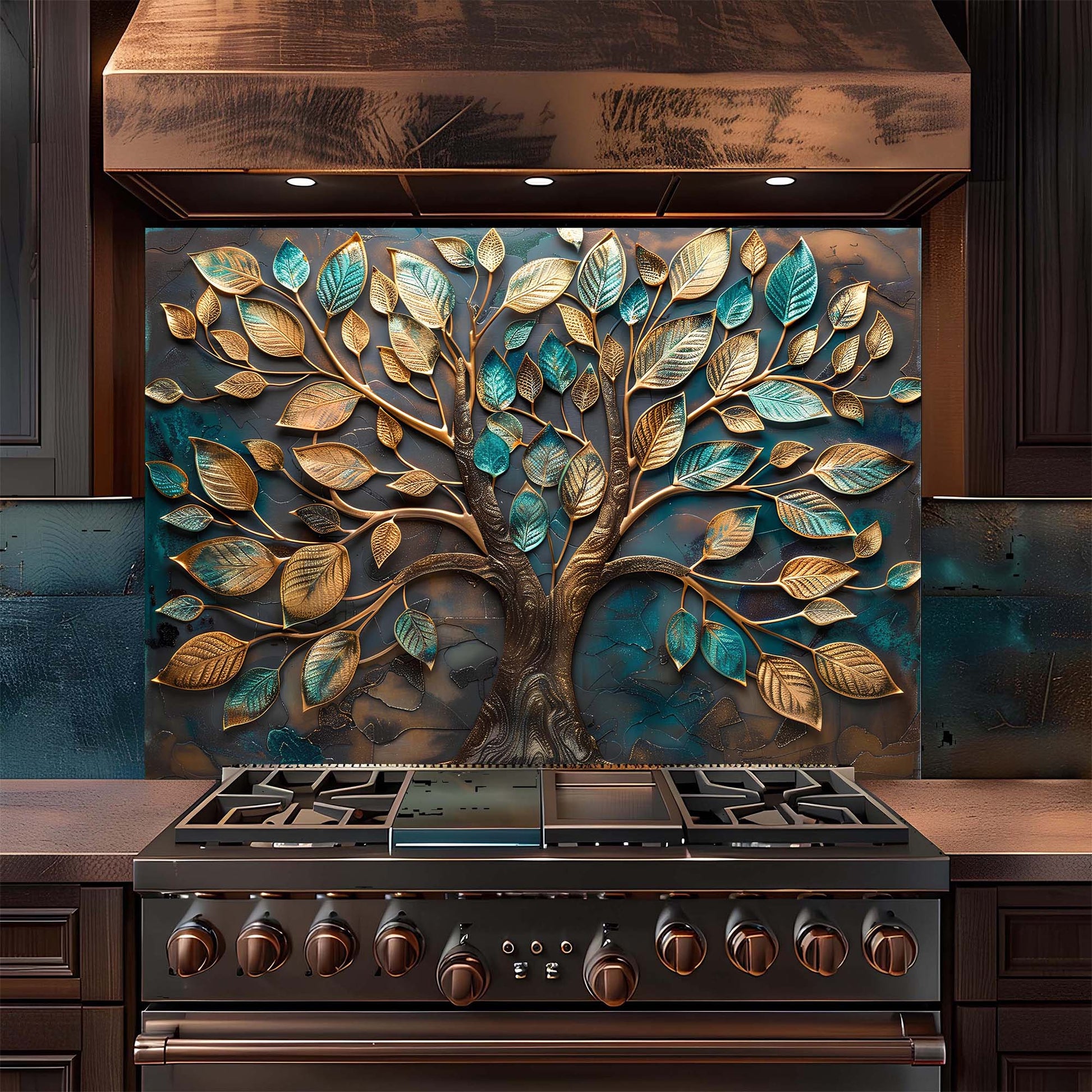 Stainless steel stove with decorative leaf-patterned backsplash in a kitchen setting