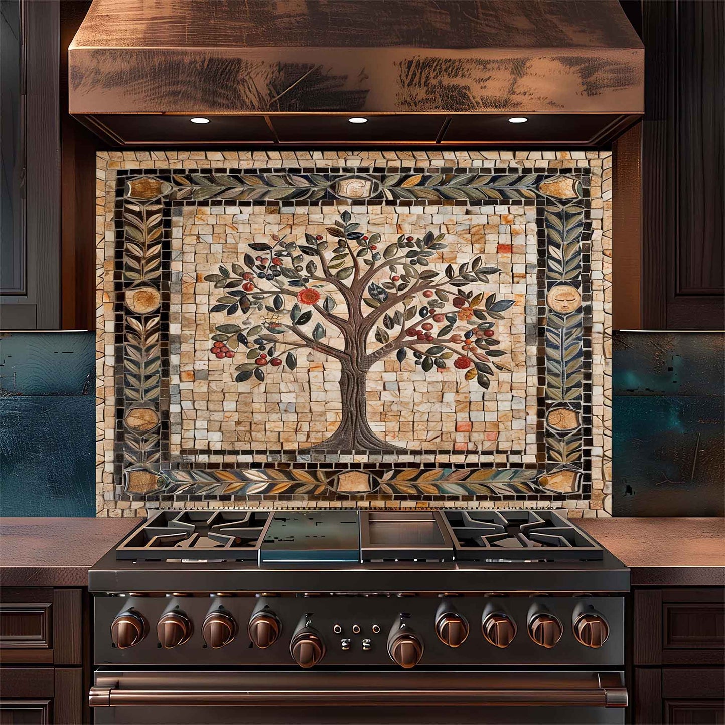 Stovetop with decorative mosaic tile glass backsplash featuring a tree design.