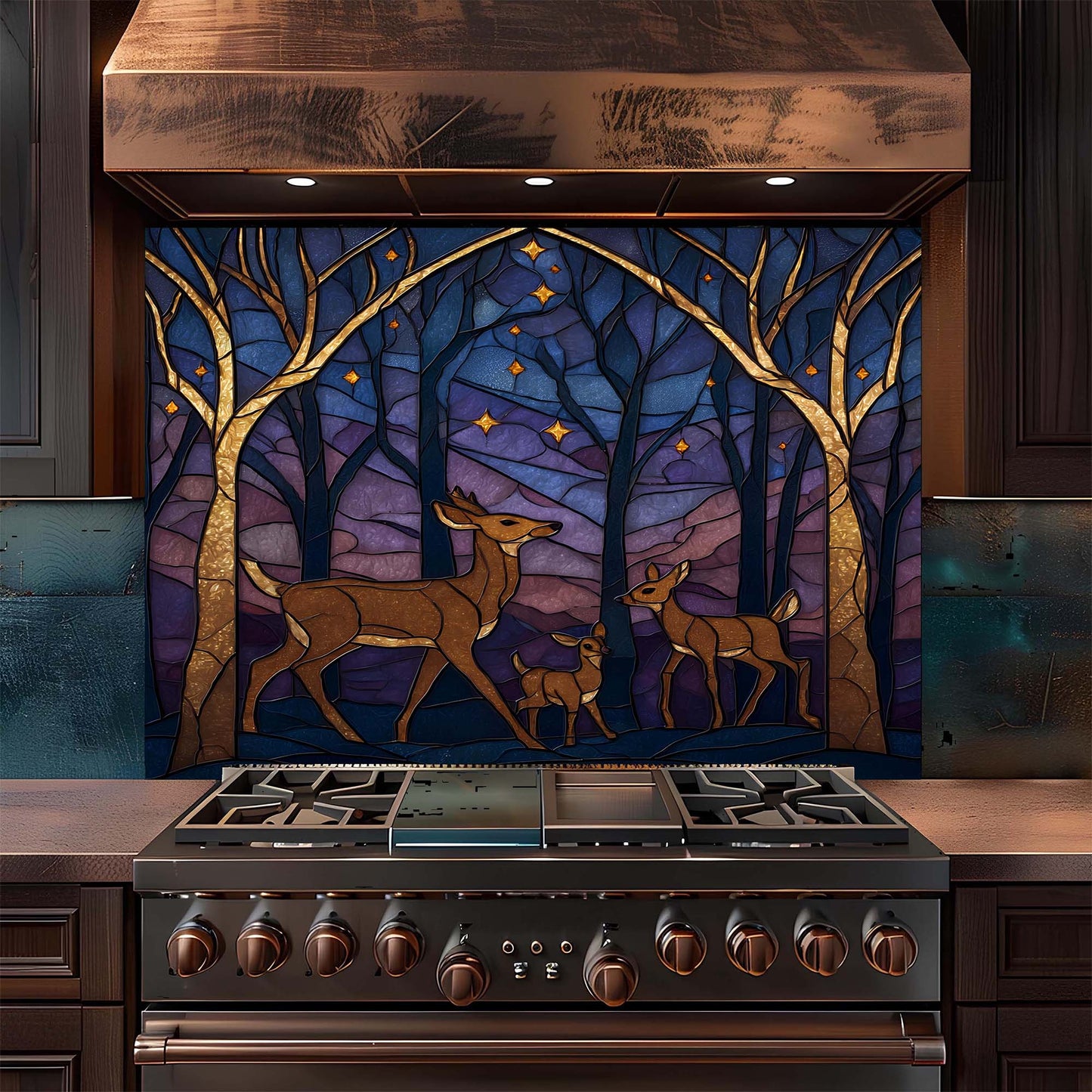 A serene deer family beneath a starlit forest sky on tempered glass backsplash, bringing warmth, nature, and harmony to kitchens.