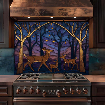 A serene deer family beneath a starlit forest sky on tempered glass backsplash, bringing warmth, nature, and harmony to kitchens.