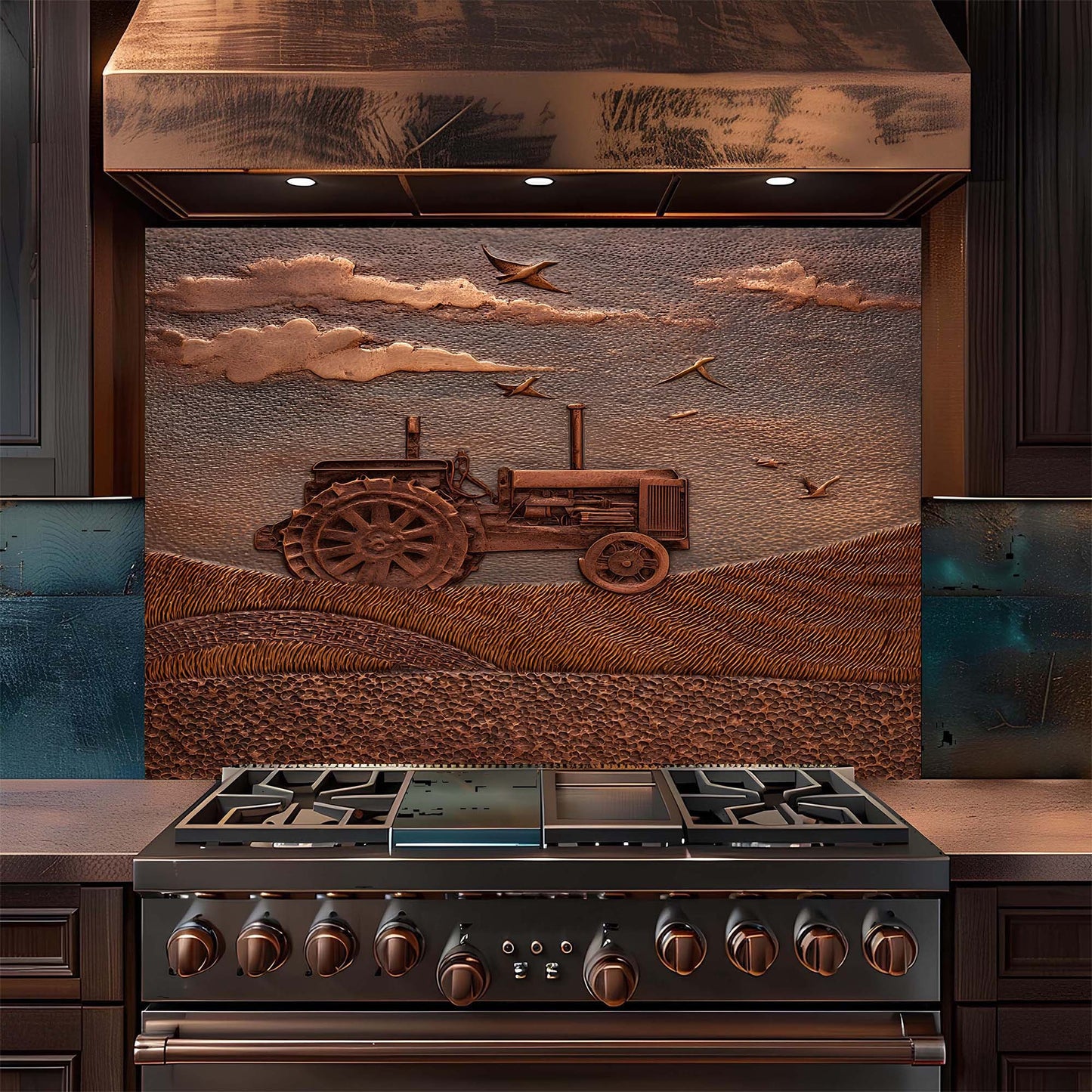 Stainless steel stove with decorative backsplash featuring a tractor and landscape design.