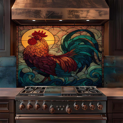 Stainless steel stove with a decorative rooster backsplash in a kitchen setting