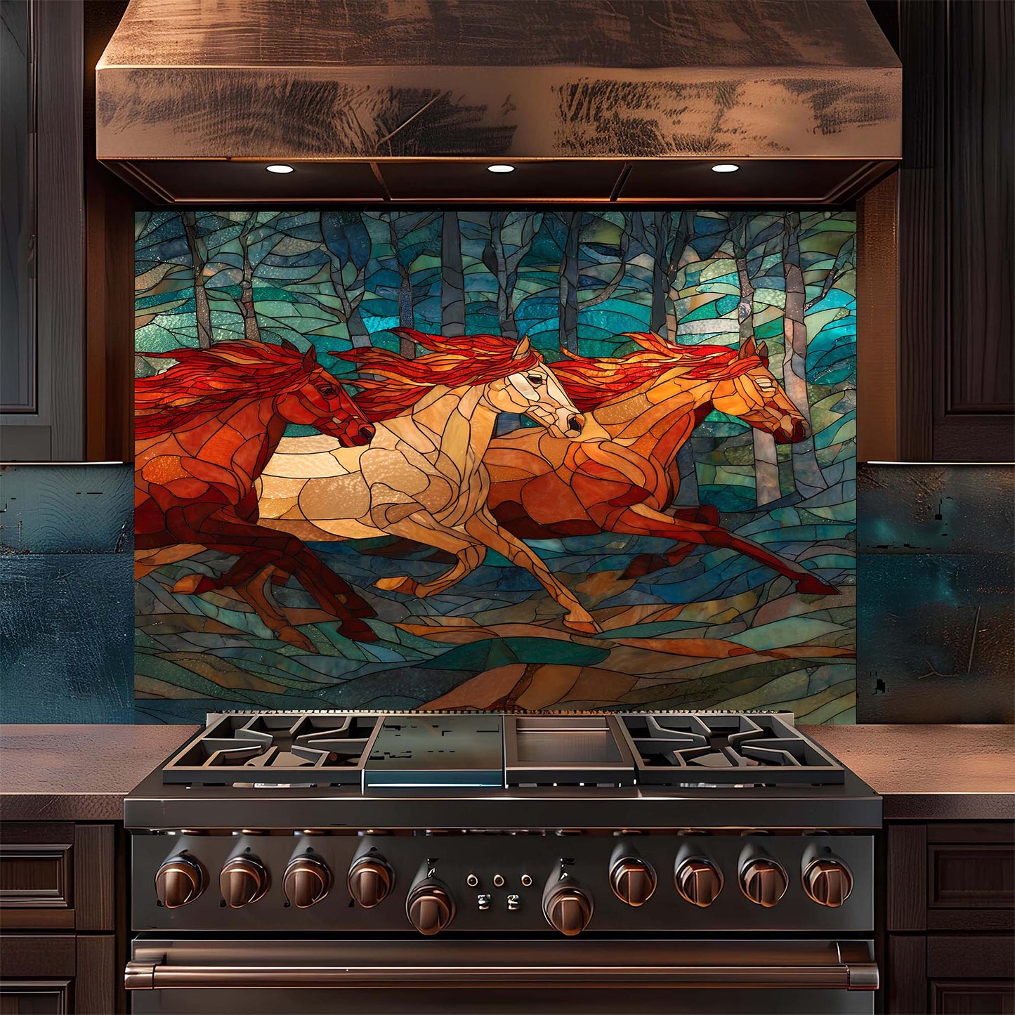 Three galloping horses in a stained glass forest design on tempered glass backsplash. A bold, artistic kitchen backsplash statement.