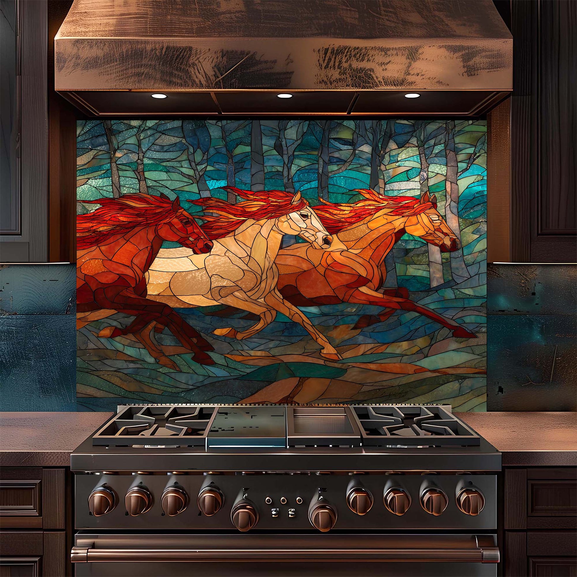 Three galloping horses in a stained glass forest design on tempered glass backsplash. A bold, artistic kitchen backsplash statement.