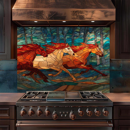 Three galloping horses in a stained glass forest design on tempered glass backsplash. A bold, artistic kitchen backsplash statement.