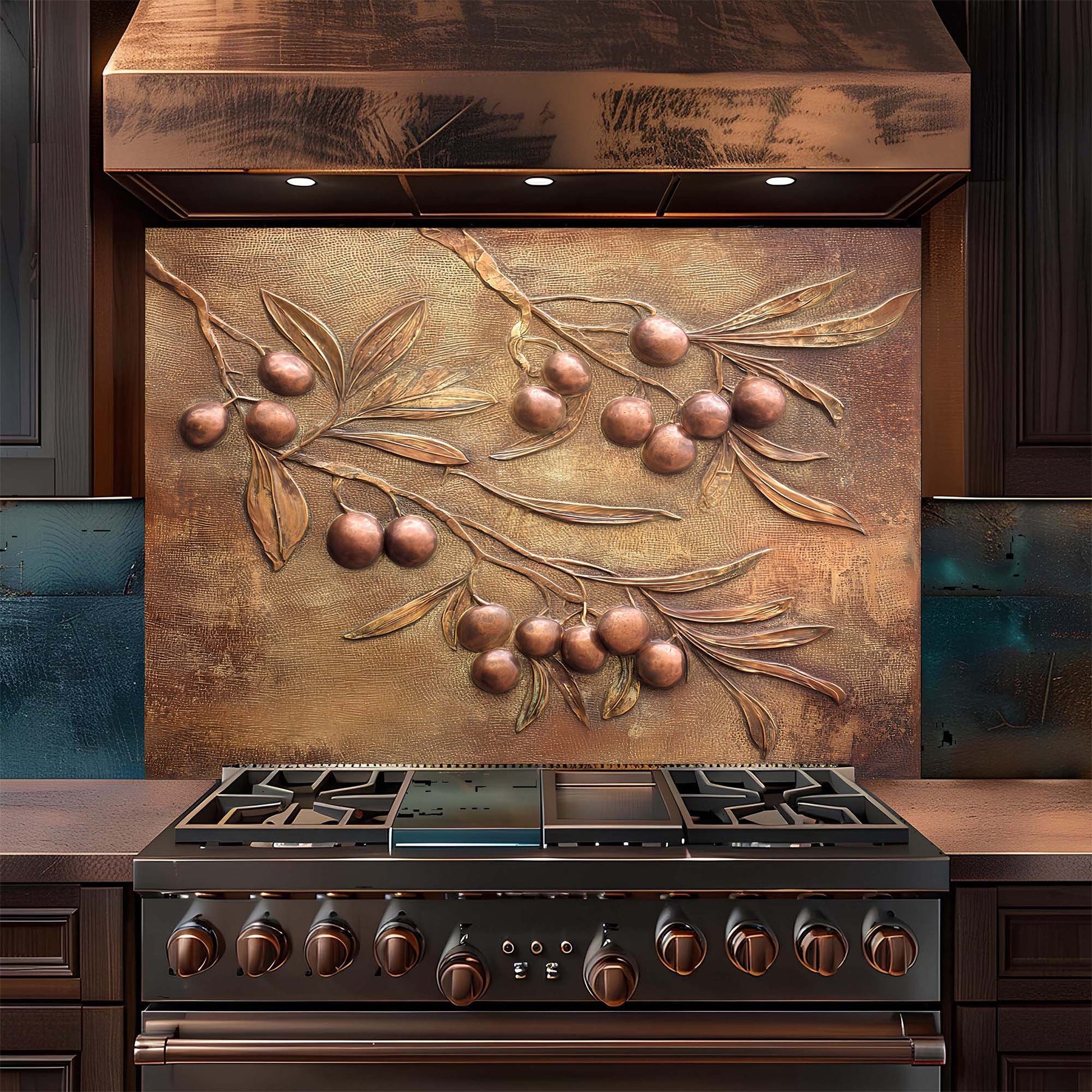 Stainless steel stove with decorative copper look glass backsplash featuring olive branch design.