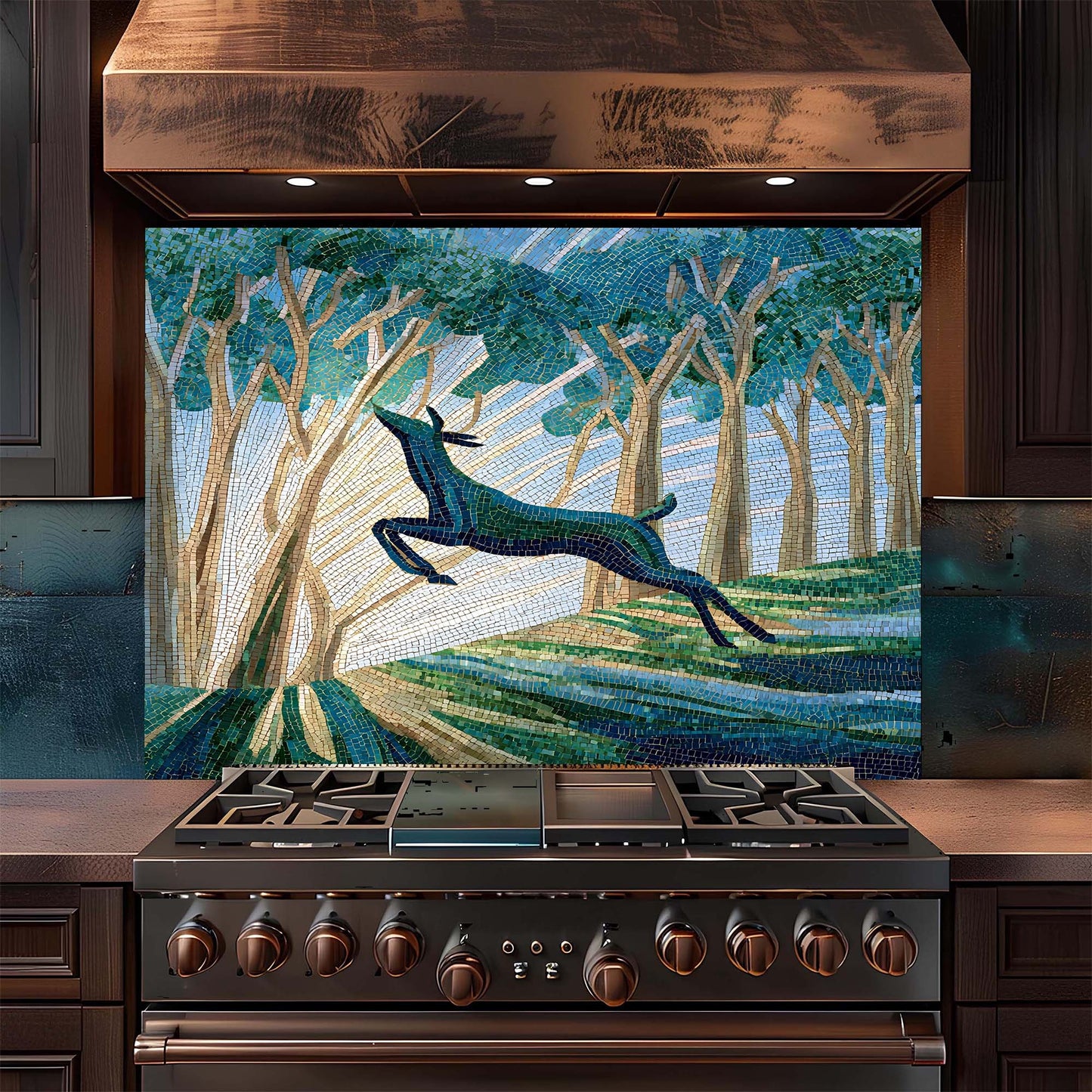 Stainless steel stove with a decorative glass backsplash featuring a leaping deer in a forest design.