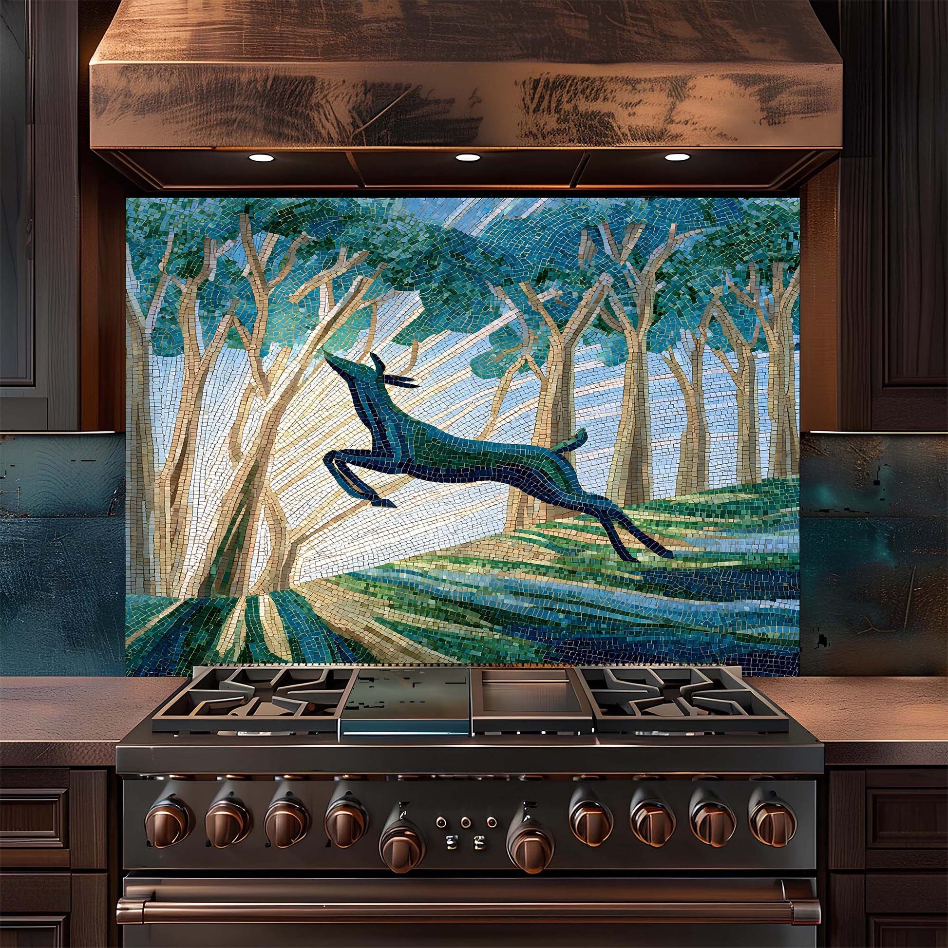 Stainless steel stove with a decorative glass backsplash featuring a leaping deer in a forest design.