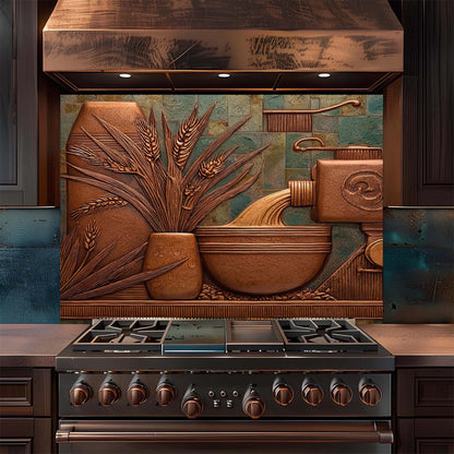 Stainless steel stove with decorative backsplash featuring wheat and a bowl.