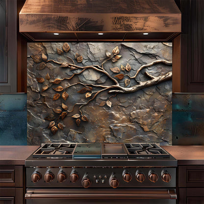 Stainless steel stove with decorative stone backsplash featuring tree branch and leaf design.