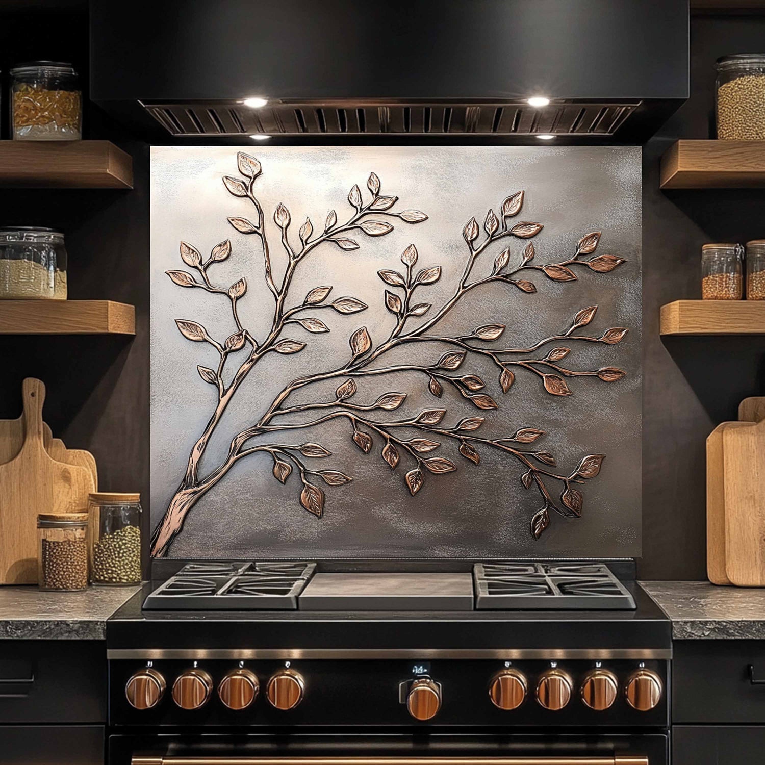 Kitchen stove with tempered glass backsplash featuring branches and leaves.