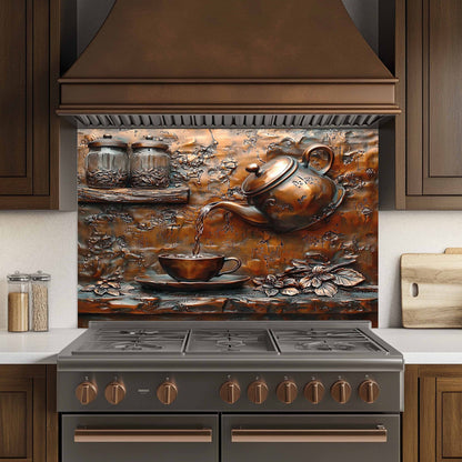 Decorative backsplash with a teapot design above a stove in a kitchen.