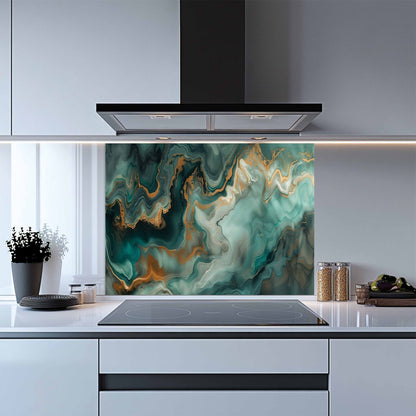 Modern kitchen with a colorful glass splashback panel.