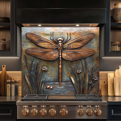 Decorative backsplash with a dragonfly design above a stove in a kitchen setting.