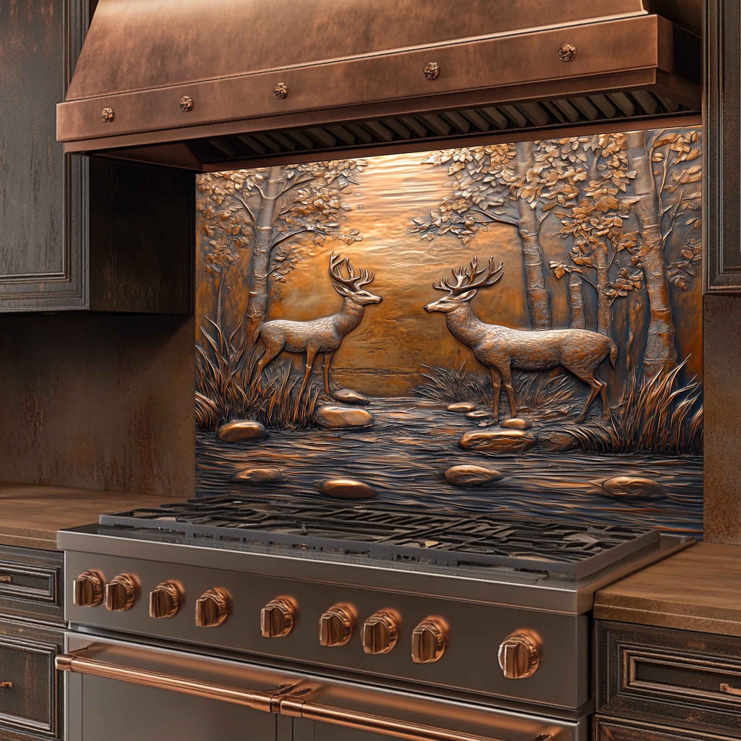 Tempered glass splashback for deer and river design