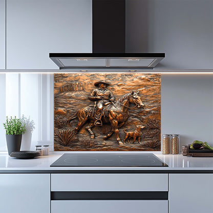 Kitchen with a decorative glass splashback featuring a cowboy on horseback and a dog.