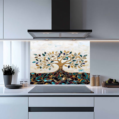 Kitchen with a decorative glass splashback featuring a tree design.