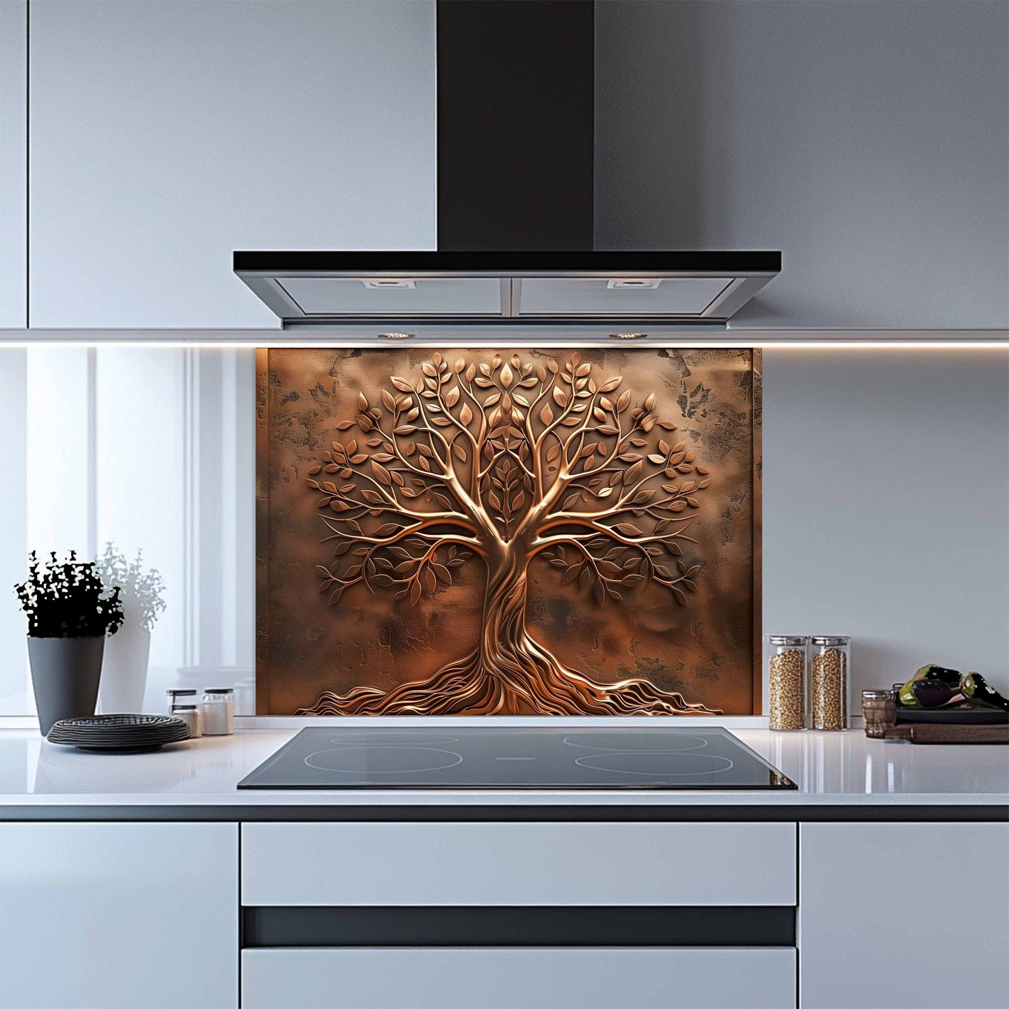 Kitchen with a decorative copper tree backsplash panel.
