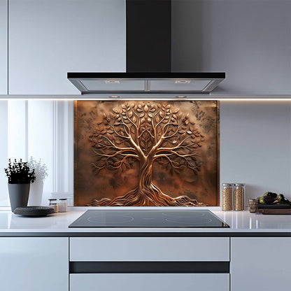 Kitchen with a decorative copper tree backsplash panel.