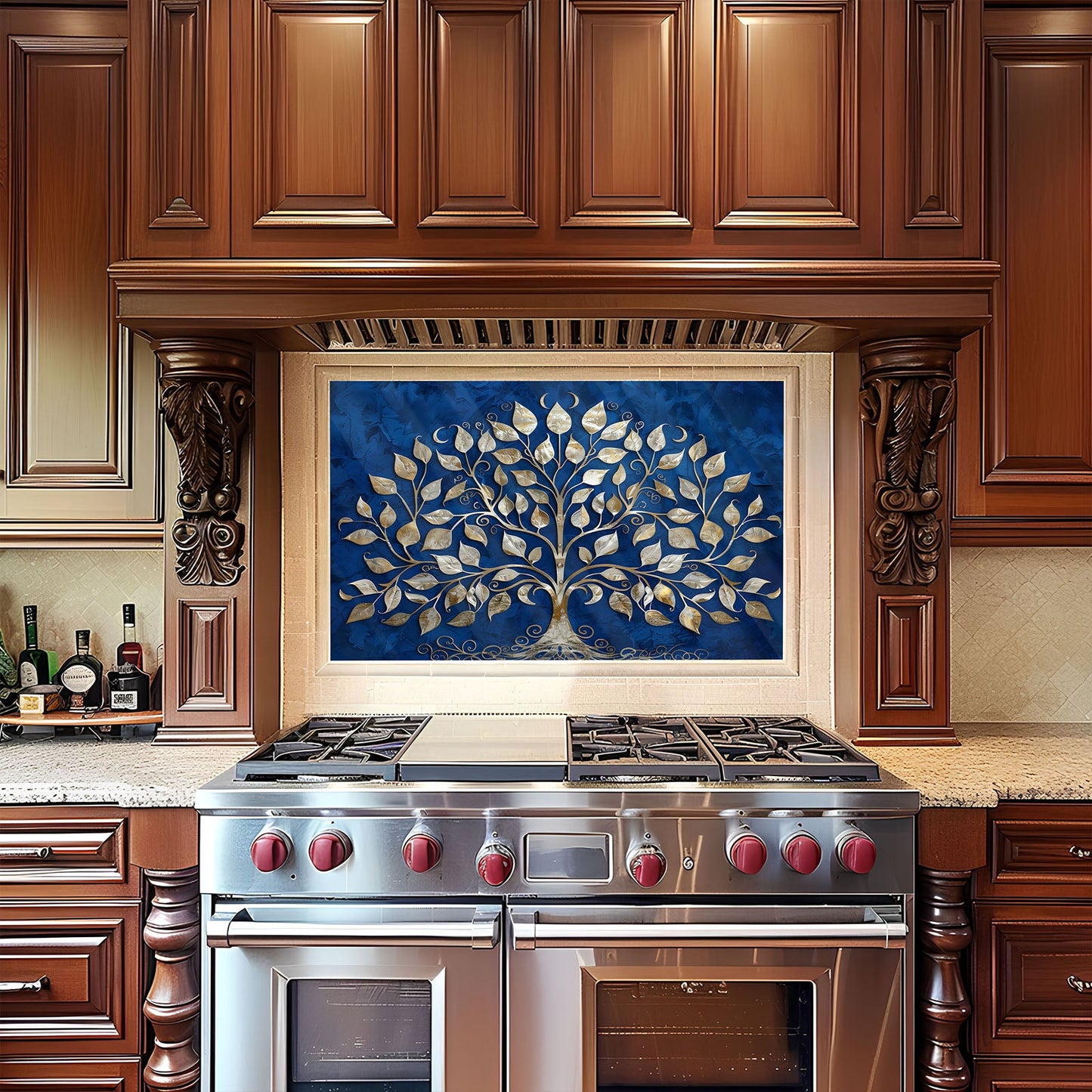 Stainless steel oven with decorative backsplash in a kitchen setting