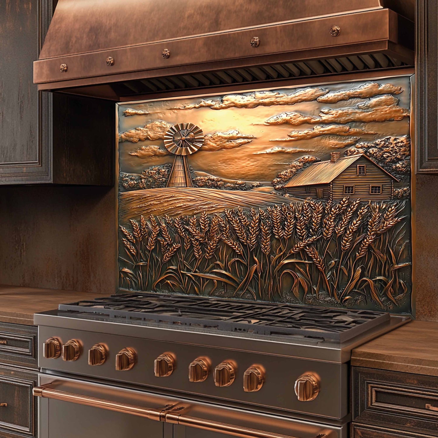 Decorative stove back splash with a windmill and barn design in a rustic setting.
