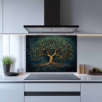 Kitchen with a decorative glass splashback featuring a tree design.