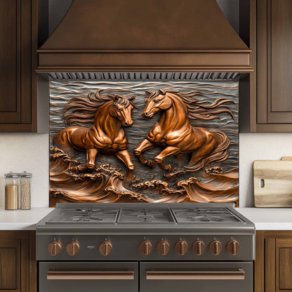 Decorative backsplash with horse design above a stove in a kitchen.