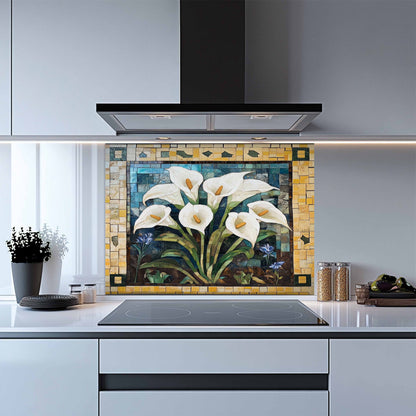 Kitchen with a decorative glass splashback featuring calla lilies.