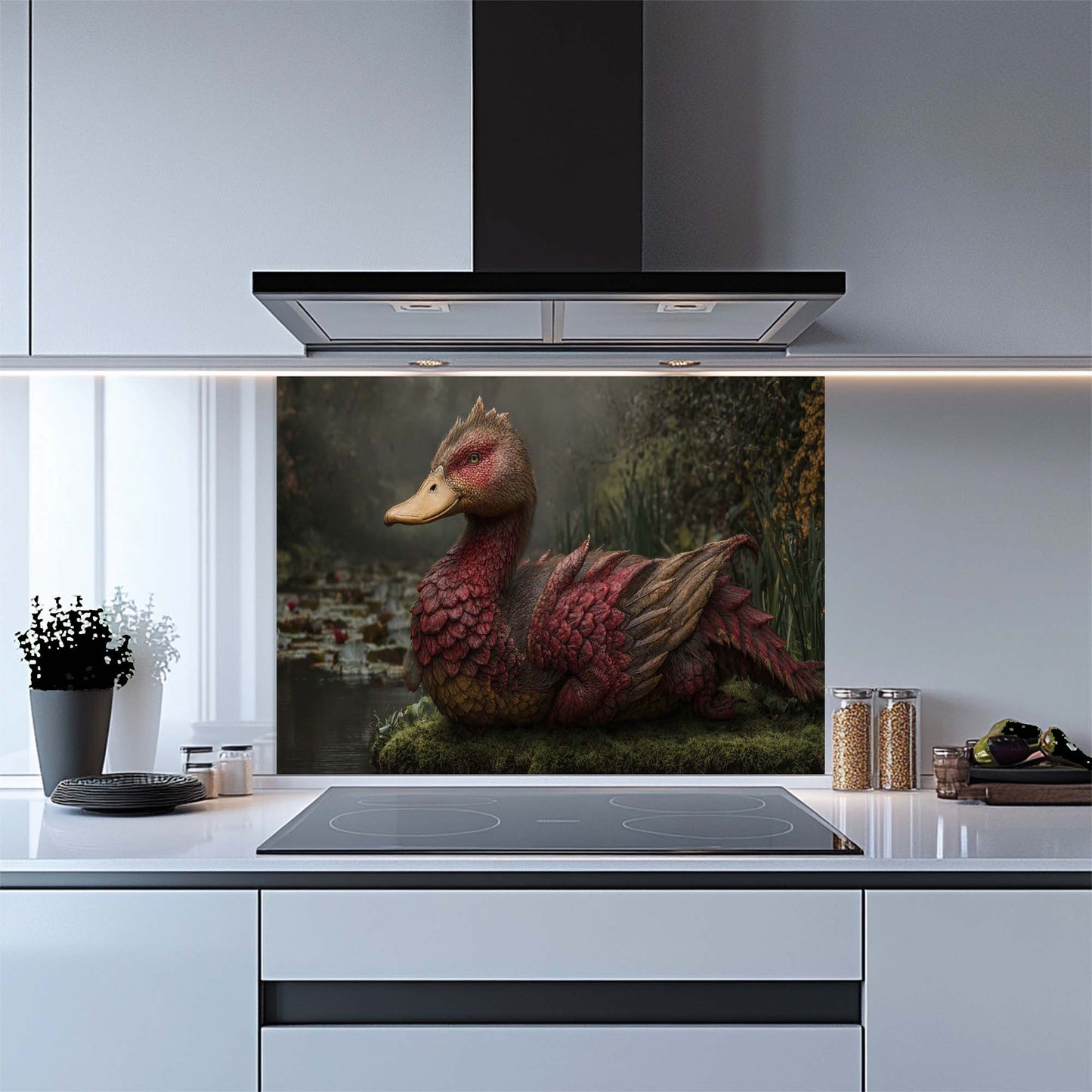 Kitchen with a decorative glass splashback featuring a dragon design.