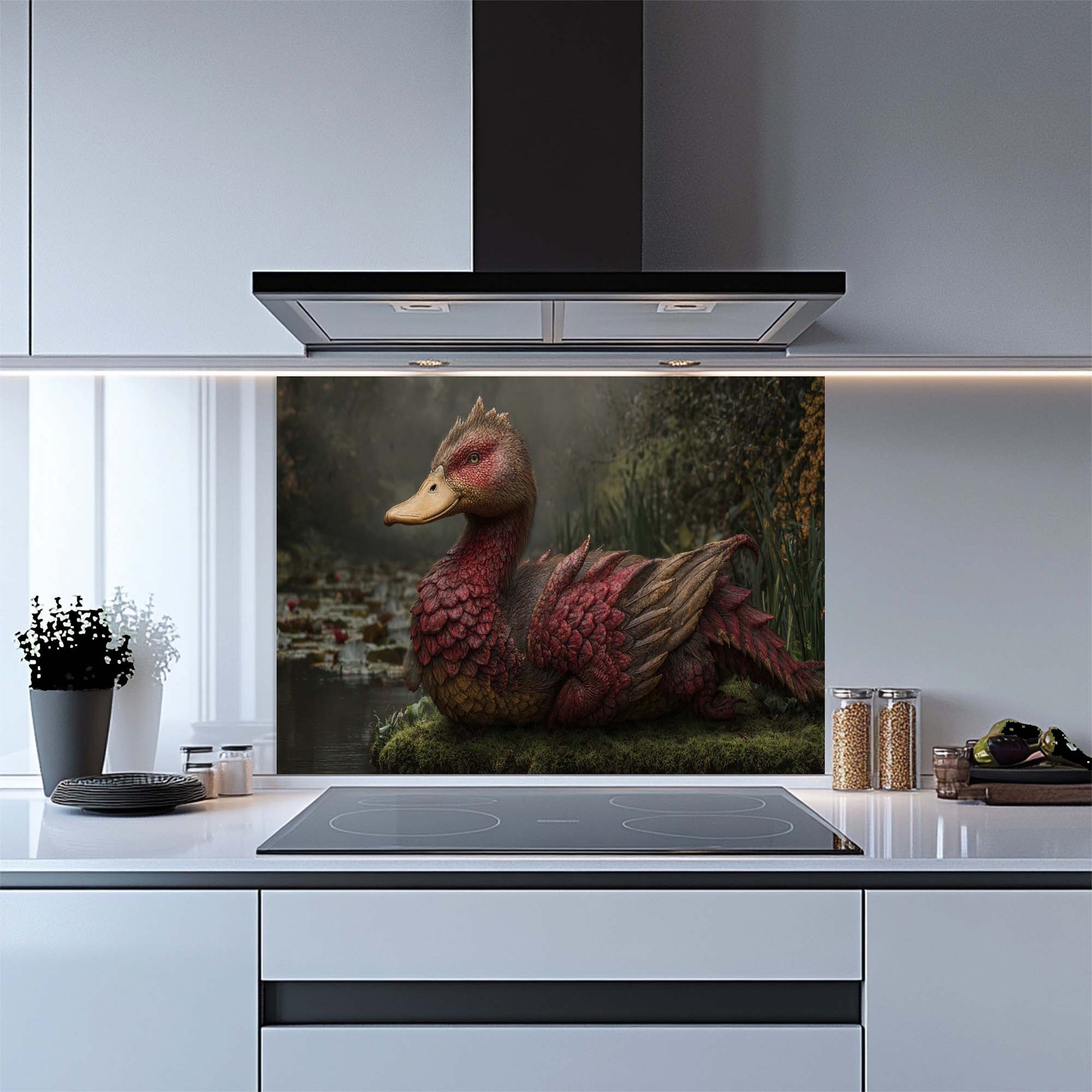 Kitchen with a decorative glass splashback featuring a dragon design.
