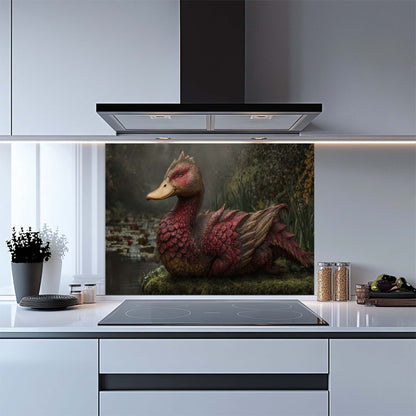 Kitchen with a decorative glass splashback featuring a dragon design.