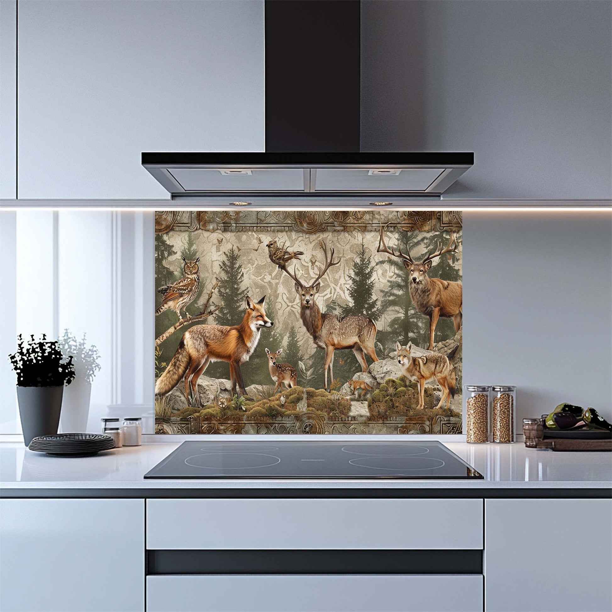 Kitchen with a nature-themed glass backsplash featuring animals like deer and foxes.